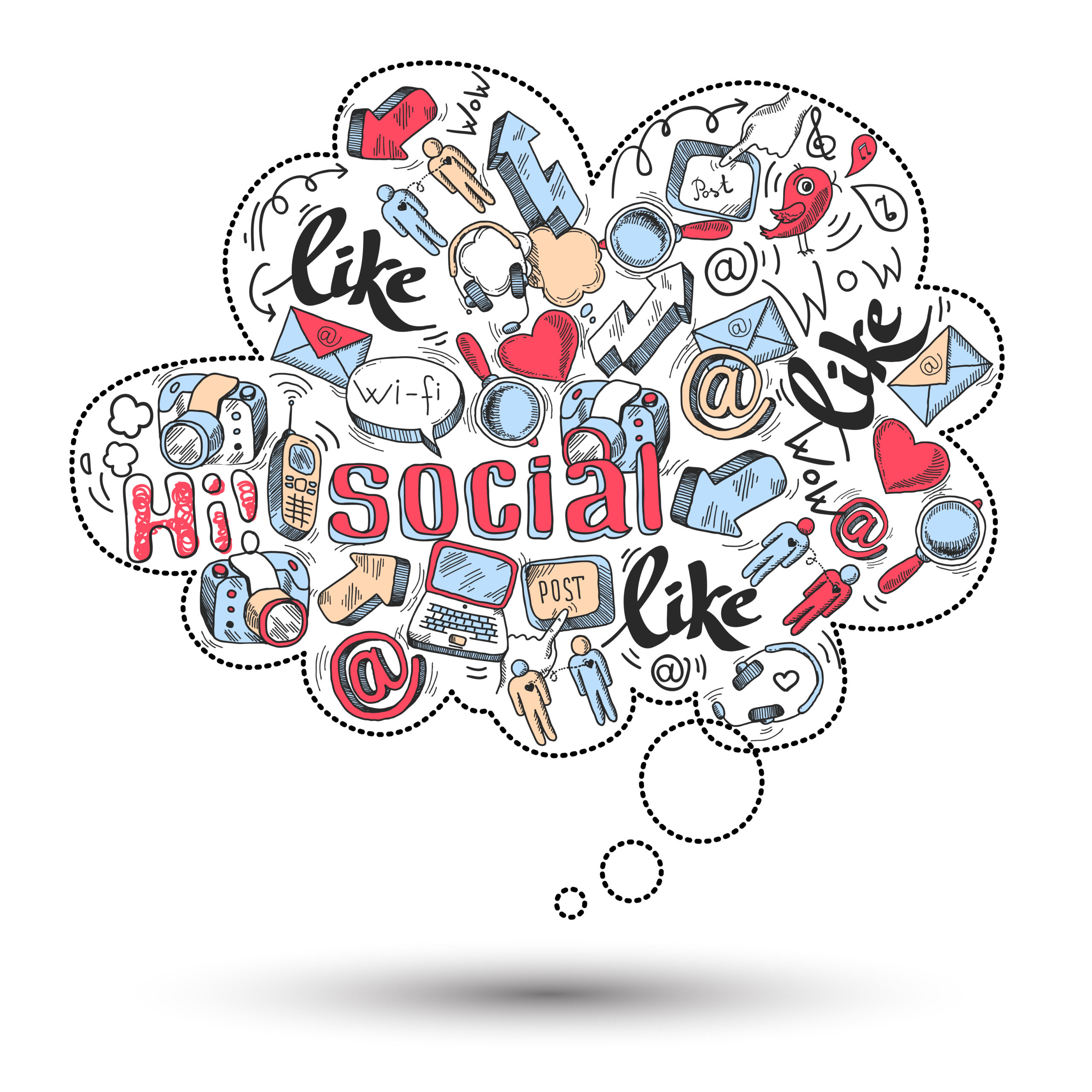 Doodle speech bubble icon with social media infographics isolated vector illustration