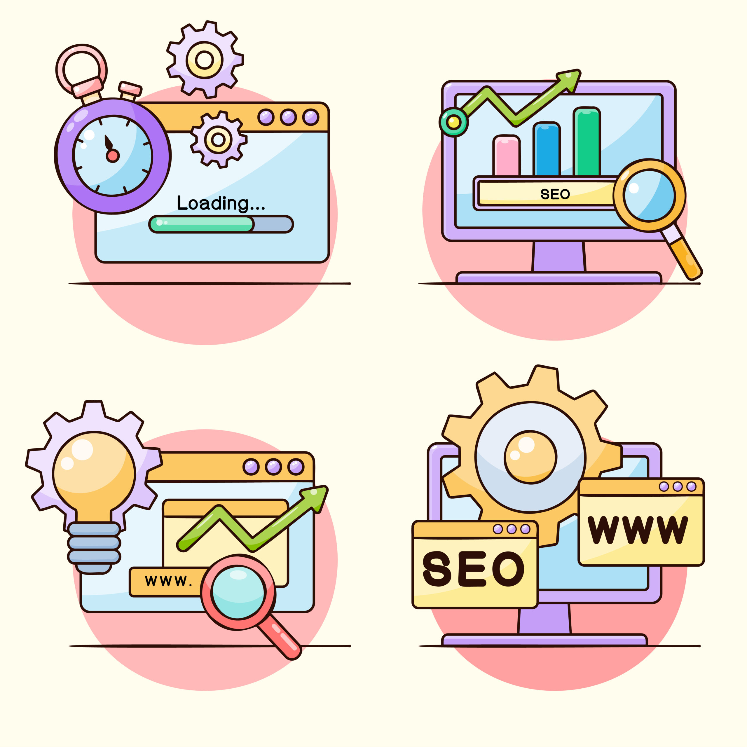 Search Engine Optimization SEO and Business Investment and finance growth. Set of design business templates for online, digital marketing, strategy and analytics.