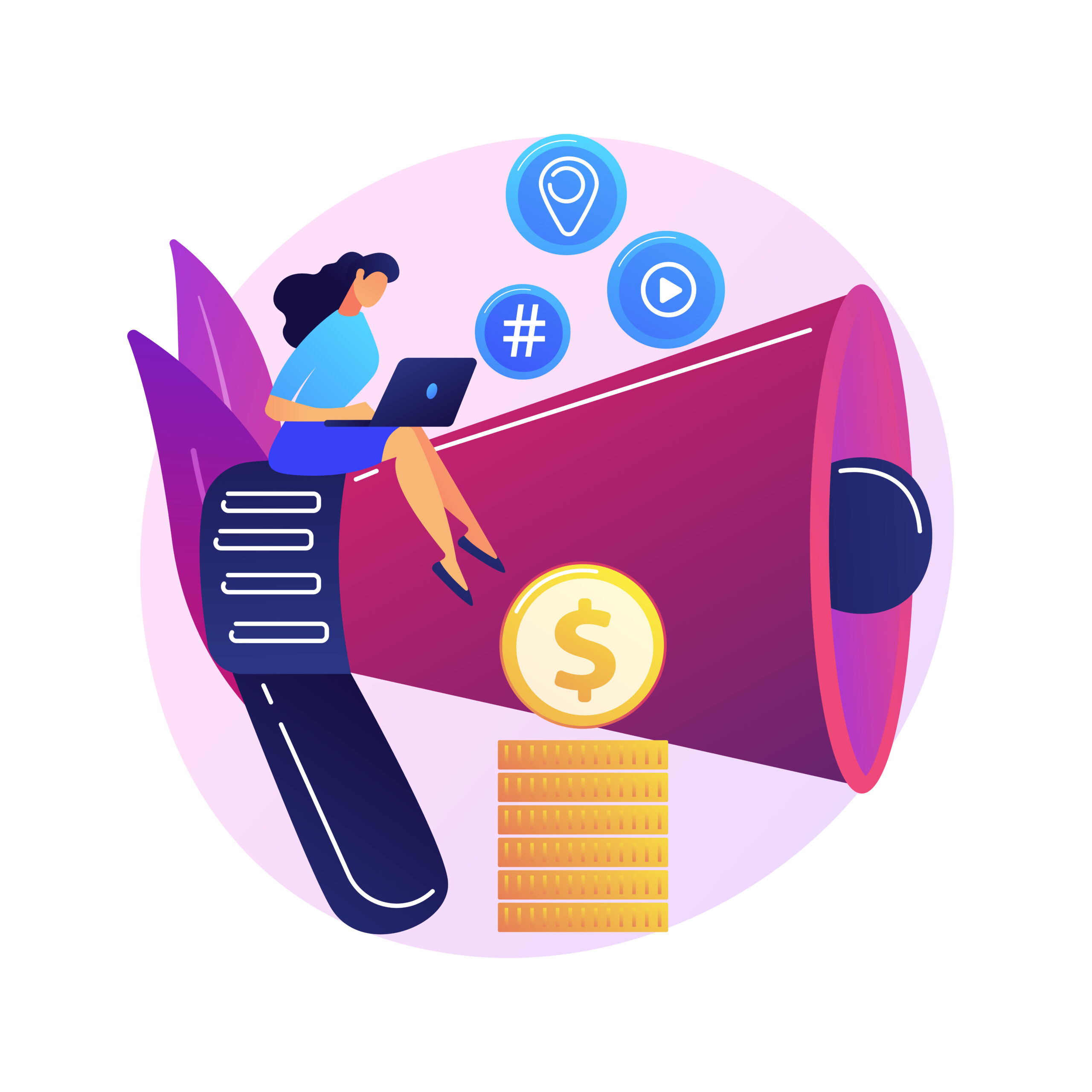 Content marketing. Copywriting, blogging, creative writing. Female cartoon character sitting on megaphone. SMM, Internet promo flat design element. Vector isolated concept metaphor illustration