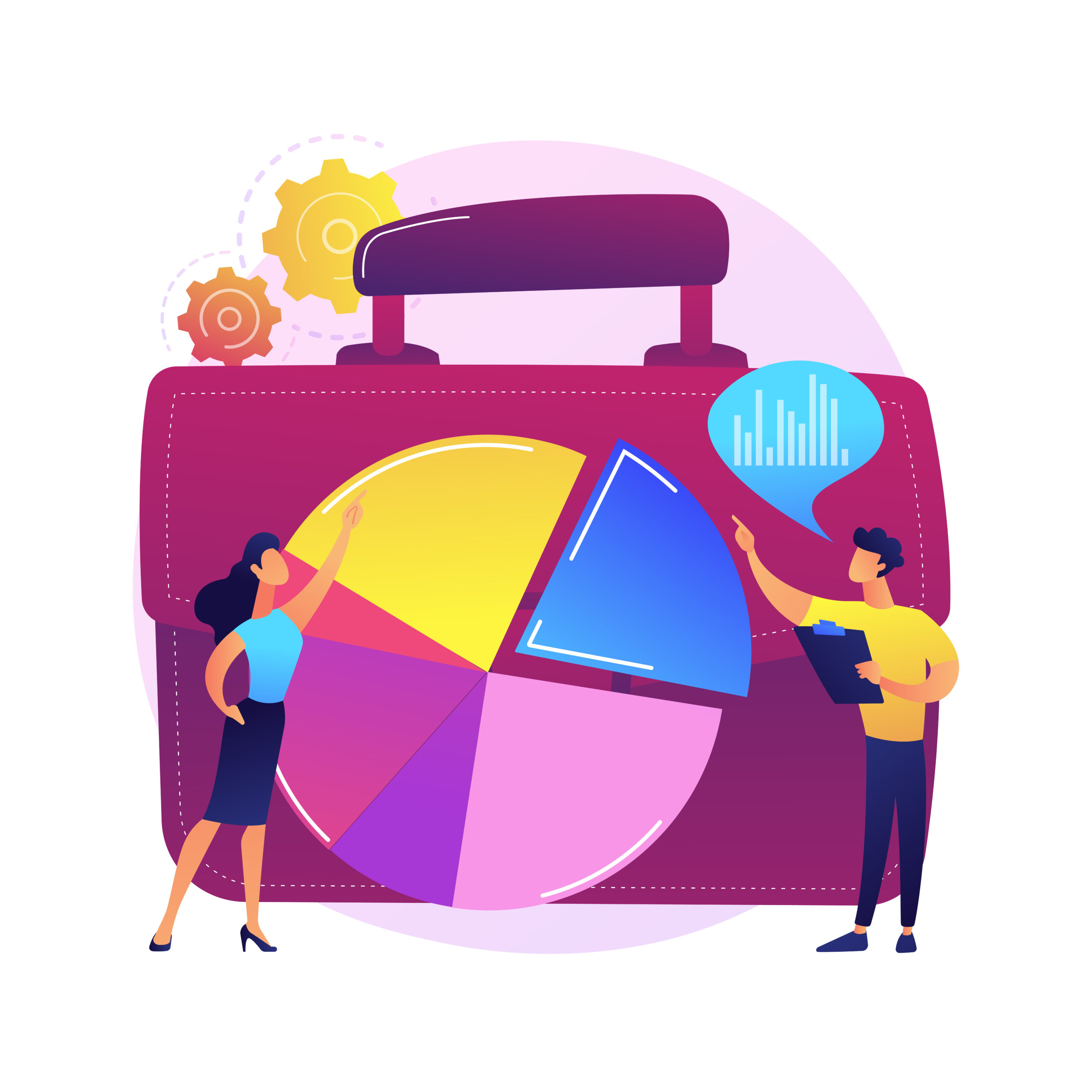 Company development statistics. Financial analytics, investment revenue, growth rates. Stock broker, investor analyzing profitable economy sectors. Vector isolated concept metaphor illustration