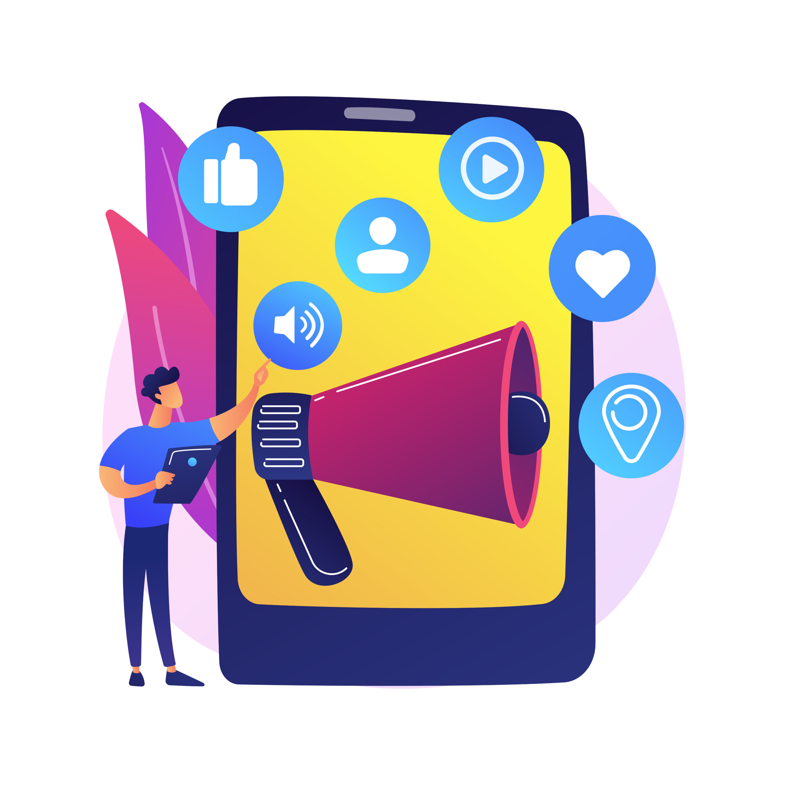 Social media marketing. E commerce tool, SMM management, online advertising. Businessman using social networking for product promotion. Vector isolated concept metaphor illustration