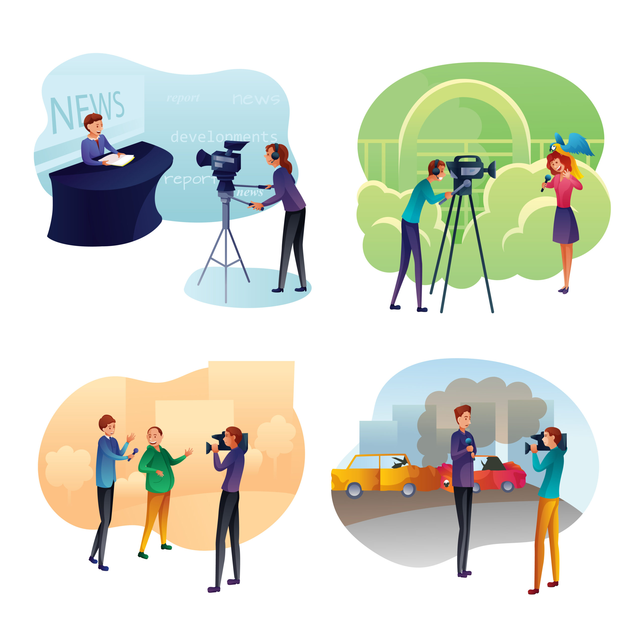 News program recording illustrations set. Journalist and cameraman, live broadcasting, tv show recording, press interview with people, correspondents shooting breaking news in city
